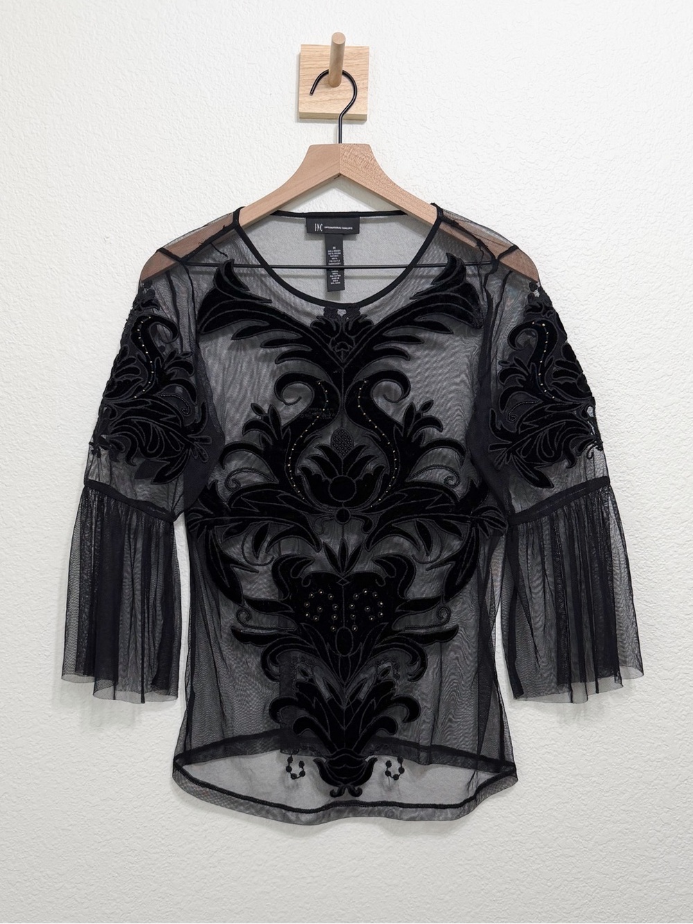INC Sheer Mesh Velvet Embroidered Bell Sleeve Top Whimsigoth Fairy Witchy